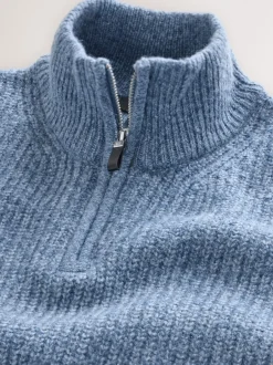 Next Bleu - Pull Coupe classique texturé en maille à col zippé avec laine Clearance