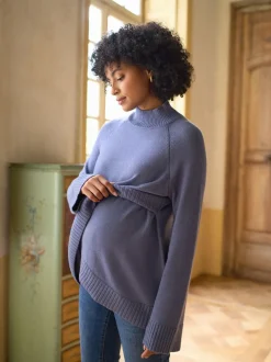 Seraphine Bleu - Pull de grossesse et d’allaitement à col roulé en cachemire mélangé haut de gamme Outlet