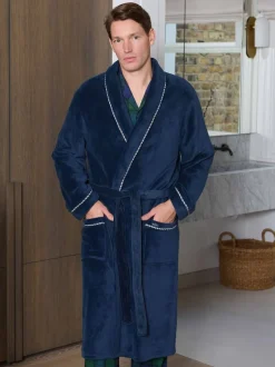 Savile Row Company Bleu - Robe de chambre légère en polaire douce à bords de corde New
