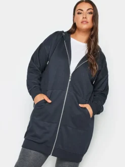 Yours Curve Bleu - Sweat à capuche zippé coupe longue Sale