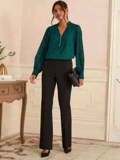 Love & Roses Bleu canard Tissu dévoré - Chemisier zippé à manches longues sur le devant