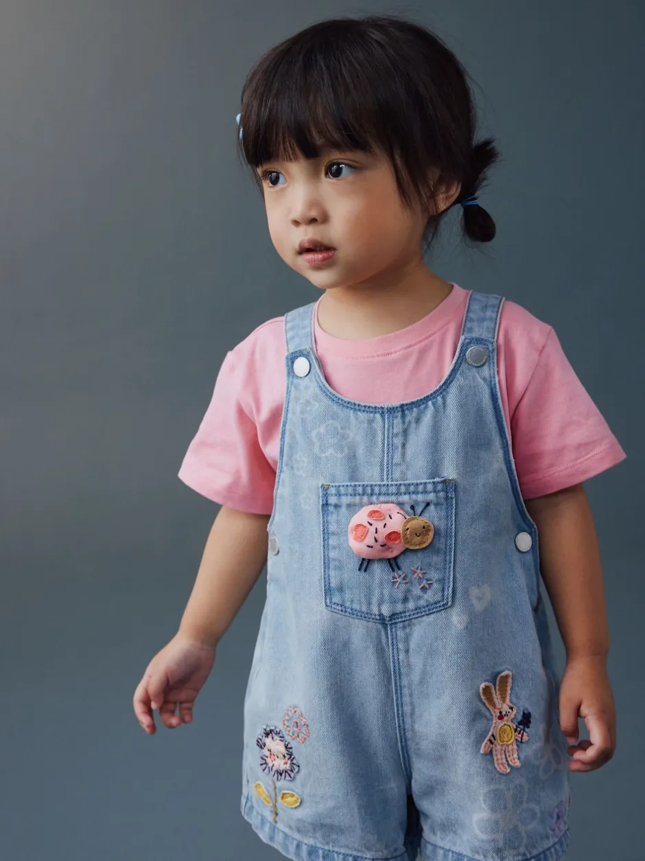 Next Bleu clair - Denim Ladybug Embroidered Dungaree and T-Shirt Set (3mths-7yrs) New