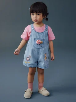 Next Bleu clair - Denim Ladybug Embroidered Dungaree and T-Shirt Set (3mths-7yrs) New