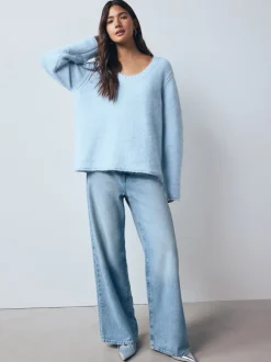 Next Bleu clair - Pull à col dégagé en laine Sale