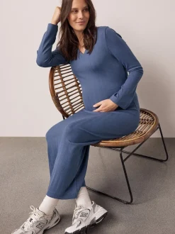 Next Bleu clair - Robe côtelée à col en V cravatée dans le dos Online