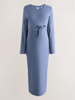 Next Bleu clair - Robe côtelée à col en V cravatée dans le dos Online