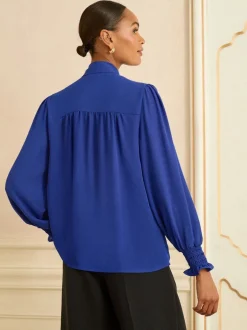 Love & Roses Bleu cobalt - Chemisier manches longues à nœud lavallière New