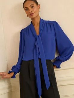 Love & Roses Bleu cobalt - Chemisier manches longues à nœud lavallière