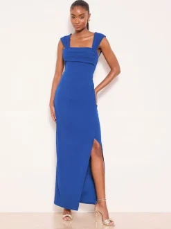 Lipsy Bleu cobalt - Robe longue froncée à manches courtes et col carré Clearance