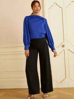 Love & Roses Bleu cobalt - Chemisier en satin à Manches longues et Col bénitier Outlet