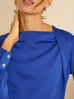 Love & Roses Bleu cobalt - Chemisier en satin à Manches longues et Col bénitier Outlet