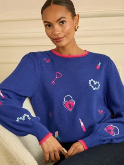 Love & Roses Bleu cobalt - pull en maille brodée New