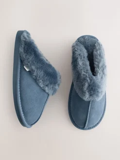 Next - Chaussons mules en daim doublés de fausse fourrure Bleu Denim Best