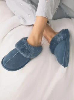 Next - Chaussons mules en daim doublés de fausse fourrure Bleu Denim Best