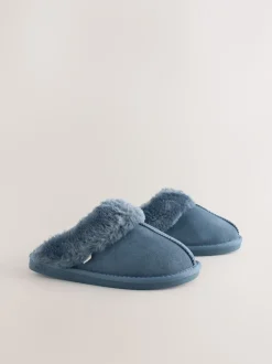 Next - Chaussons mules en daim doublés de fausse fourrure Bleu Denim Best