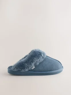 Next - Chaussons mules en daim doublés de fausse fourrure Bleu Denim Best