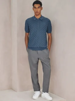 Next Bleu Denim - Polo N. Premium Coupe classique en maille à manches courtes et col zippé à damiers Outlet