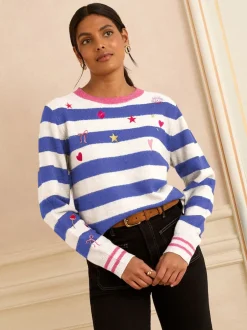 Love & Roses Bleu et ivoire - Pull brodé à rayures Sale