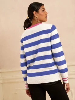 Love & Roses Bleu et ivoire - Pull brodé à rayures Sale