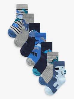 Next - Paquet de chaussettes en coton riche 7 Bleu imprimé dinosaure Clearance