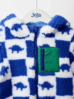 Jojo Maman Bébé Bleu imprimé dinosaure - Veste à damier en Borg à capuche Outlet