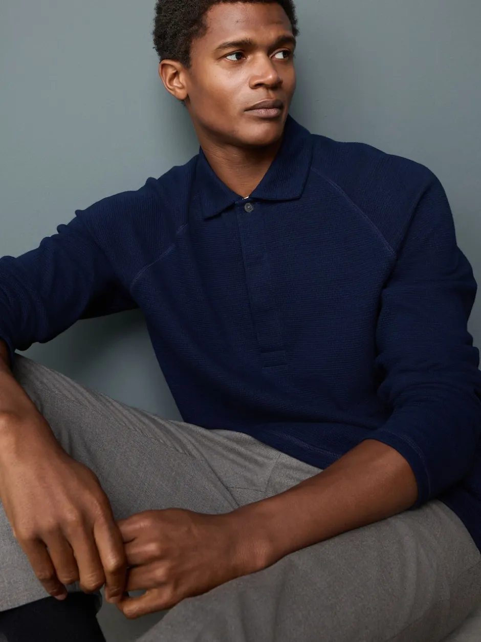 Next Bleu indigo - Manches longues - Polo texturé à manches longues gaufré Clearance