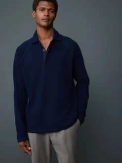 Next Bleu indigo - Manches longues - Polo texturé à manches longues gaufré Clearance