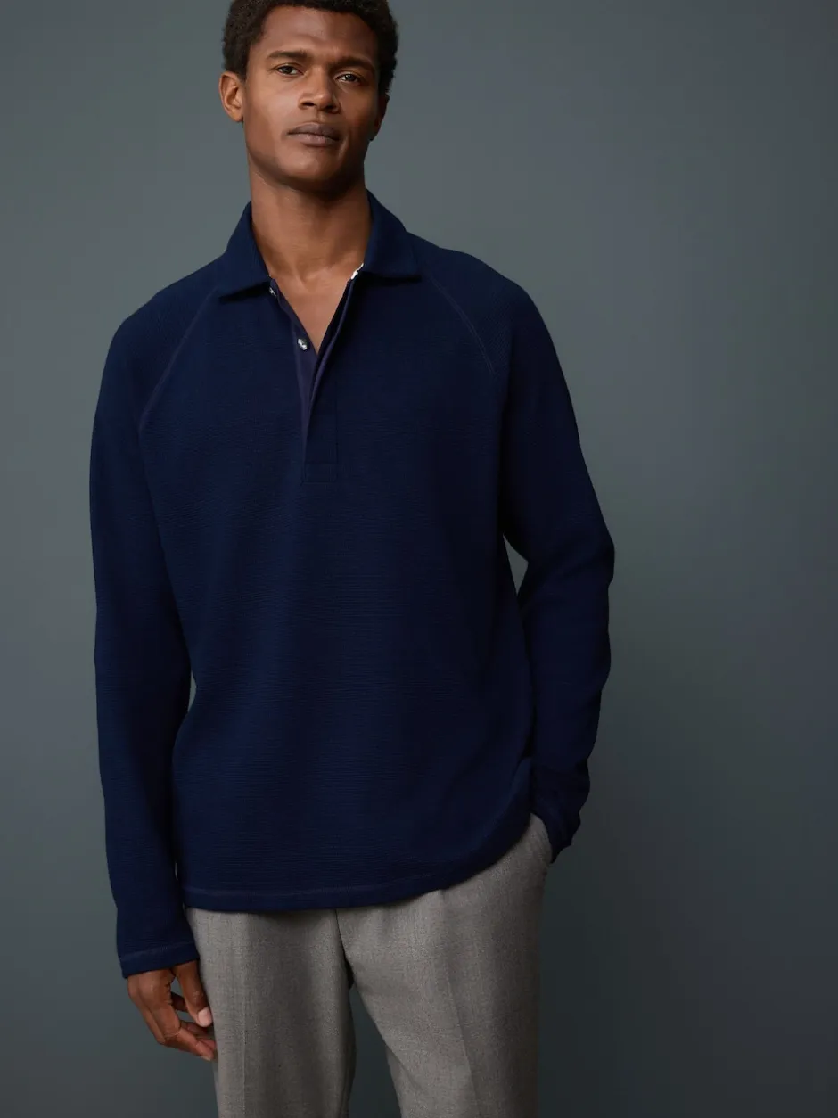 Next Bleu indigo - Manches longues - Polo texturé à manches longues gaufré Clearance