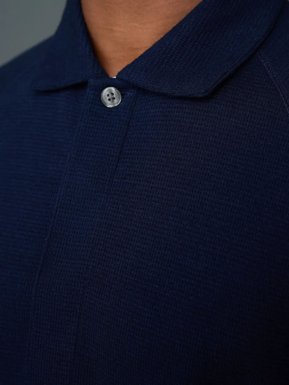 Next Bleu indigo - Manches longues - Polo texturé à manches longues gaufré Clearance