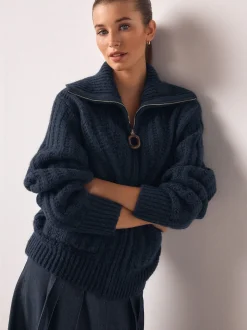 Next Bleu marine - Cardigan à col zippé en maille surpiquée New