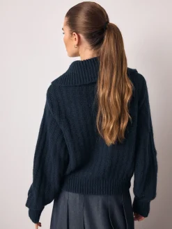 Next Bleu marine - Cardigan à col zippé en maille surpiquée New