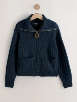 Next Bleu marine - Cardigan à col zippé en maille surpiquée New