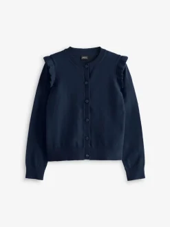 Next - Cardigan d'école à épaules volantées en coton riche (3-16ans) Bleu marine Outlet