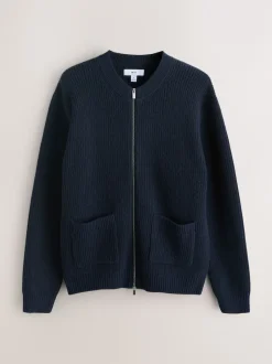 Next Bleu marine - Cardigan zippé à texture côtelée en laine Online