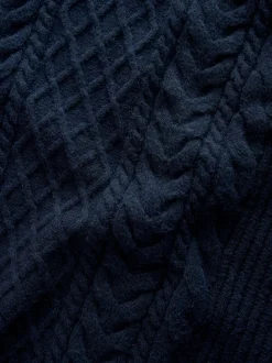 Next Bleu marine - Col rond en maille torsadée d’Aran Coupe classique avec laine Clearance