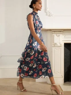 Next Bleu marine à fleurs - Robe longue imprimée à col haut et à volants Hot