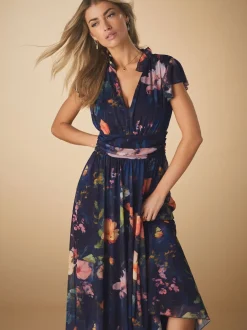 Next Bleu marine à fleurs - Robe longue Grande occasion à col en V Imprimé en maille Plissé New