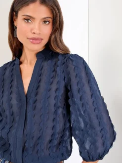 Lipsy Bleu marine - Chemise à manches courtes à col grand-père en tissu 3D New