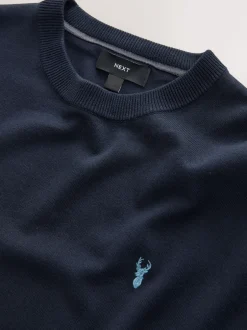Next Bleu marine - Logo cerf - Pull col rond riche en coton coupe classique