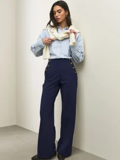 Next Bleu marine - Pantalon large en Ponte avec boutons dorés Outlet