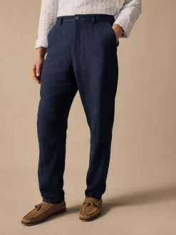 Next Bleu marine - Pantalons Blend de lin texturé à taille élastiquée Outlet