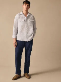 Next Bleu marine - Pantalons Blend de lin texturé à taille élastiquée Outlet