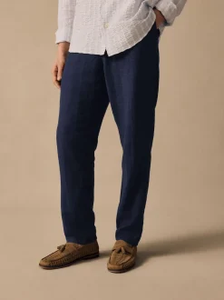 Next Bleu marine - Pantalons Blend de lin texturé à taille élastiquée Outlet