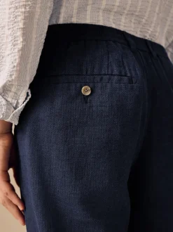 Next Bleu marine - Pantalons Blend de lin texturé à taille élastiquée Outlet
