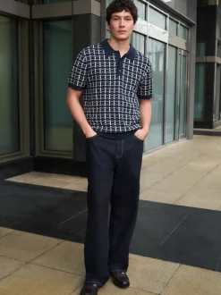 Next Bleu marine - Polo décontracté en maille à manches courtes et motif géométrique Outlet