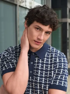 Next Bleu marine - Polo décontracté en maille à manches courtes et motif géométrique Outlet