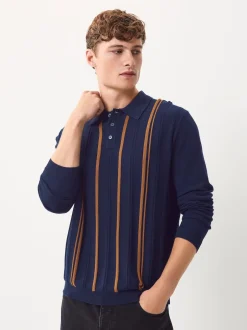 Next Bleu marine - Polo en maille à manches longues, coupe classique, en coton riche à rayures Clearance