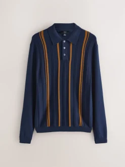 Next Bleu marine - Polo en maille à manches longues, coupe classique, en coton riche à rayures Clearance
