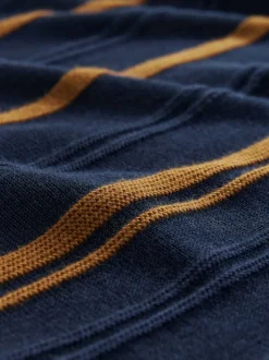 Next Bleu marine - Polo en maille à manches longues, coupe classique, en coton riche à rayures Clearance