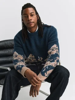 Next Bleu marine - Pull décontracté à col rond paysage de montagne en maille